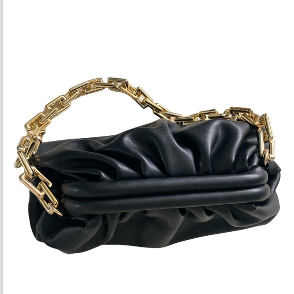 Black Ruched Baguette Gold Chain Bag - Picture 3 of 8
